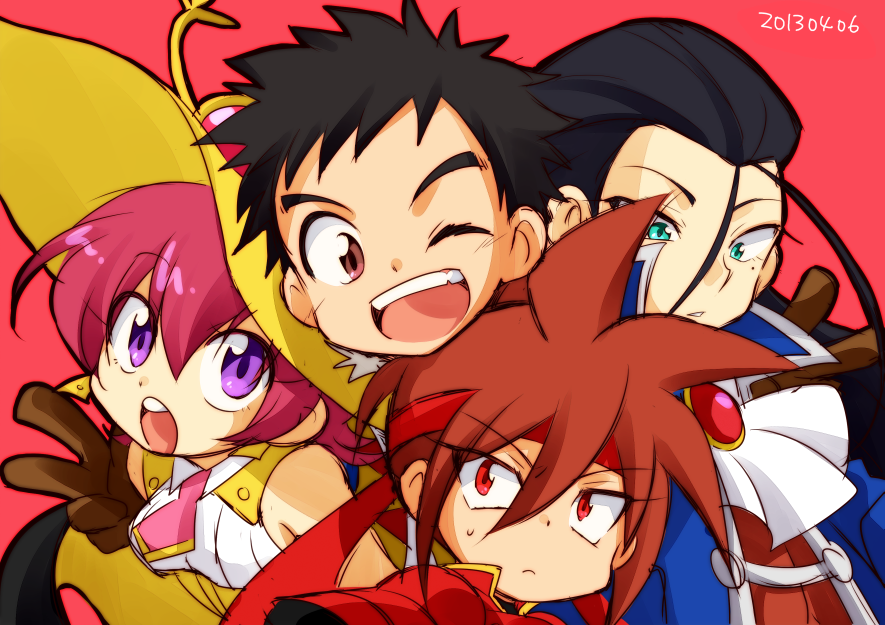 1girl, 3boys, ascot, brown_hair, coat, dated, double_v, feylin, glasses, glasses_on_hat, gloves, green_eyes, hagan, hat, headband, kibamaru, long_hair, multiple_boys, nagare_(tanken_driland), pink_background, pink_hair, purple_eyes, red_eyes, red_hair, short_hair, simple_background, smile, take_no_ko, tanken_driland, v, witch, witch_hat