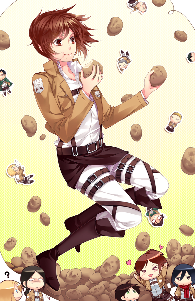 >_<, 5girls, 6+boys, ?, armin_arlert, belt, black_hair, blonde_hair, blue_eyes, brown_eyes, brown_hair, brown_jacket, chibi, closed_eyes, connie_springer, eating, frown, green_eyes, hair_between_eyes, hange_zoe, heart, imagining, jacket, levi_(shingeki_no_kyojin), mikasa_ackerman, multiple_boys, multiple_girls, o_o, open_clothes, open_jacket, potato, sasha_blouse, shingeki_no_kyojin, short_hair, smile, thomas_wagner, tooaya