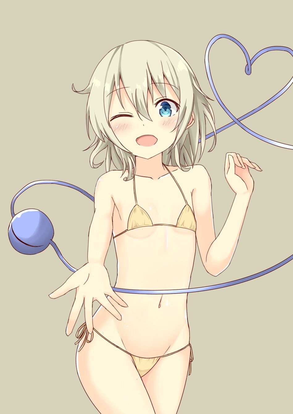 1girl, alternate_costume, arm_at_side, bare_arms, bare_legs, bare_shoulders, bikini, blue_eyes