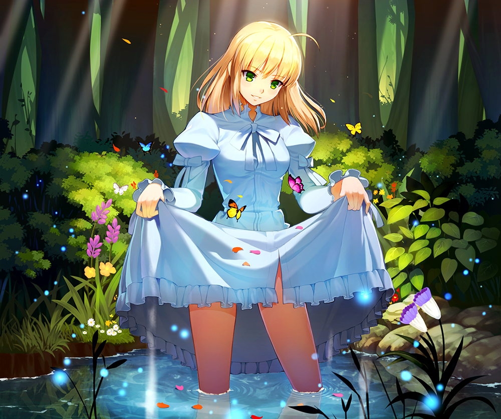 1girl, ahoge, animal, artoria_pendragon_(fate), bare_legs, blonde_hair, blue_bow, blue_bowtie, bow, bowtie, breasts, bug, bush, butterfly, clothes_lift, colorful, daisy_(flower), dappled_sunlight, dress, dress_lift, fate/stay_night, fate_(series), female_focus, flower, flower_request, forest, frilled_dress, frills, grass, green_eyes, holding_own_dress, insect, juliet_sleeves, last_episode_(fate), lifting_own_clothes, light_rays, light_smile, long_sleeves, medium_breasts, nature, official_alternate_costume, outdoors, parted_lips, plant, pond, puffy_sleeves, rock, saber_(fate), short_hair, smile, solo, sunlight, tareme, teeth, vmax-ver, wading