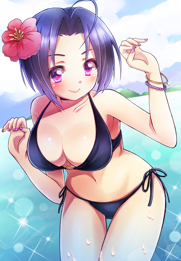 1girl, 81_(mellowry), ahoge, bikini, blue_hair, breasts, female_focus, flower