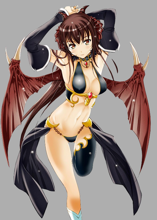 1girl, bare_shoulders, black_gloves, black_thighhighs, breasts, brown_hair, demon_girl, demon_horns