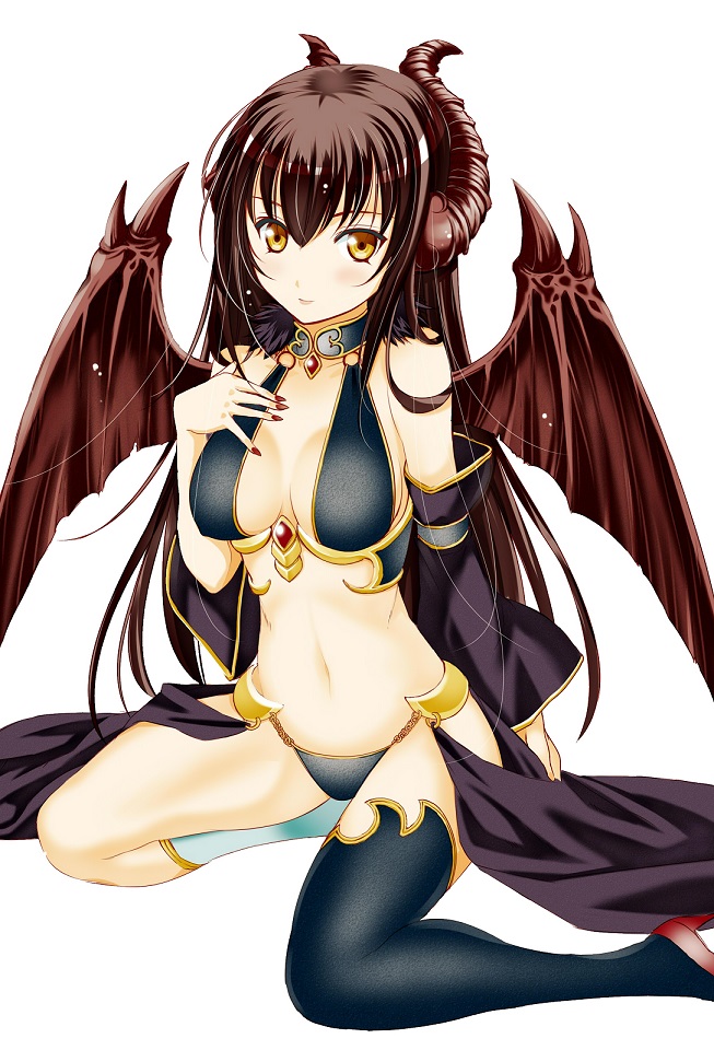 1girl, bare_shoulders, black_gloves, black_thighhighs, blush, breasts, brown_hair, demon_girl