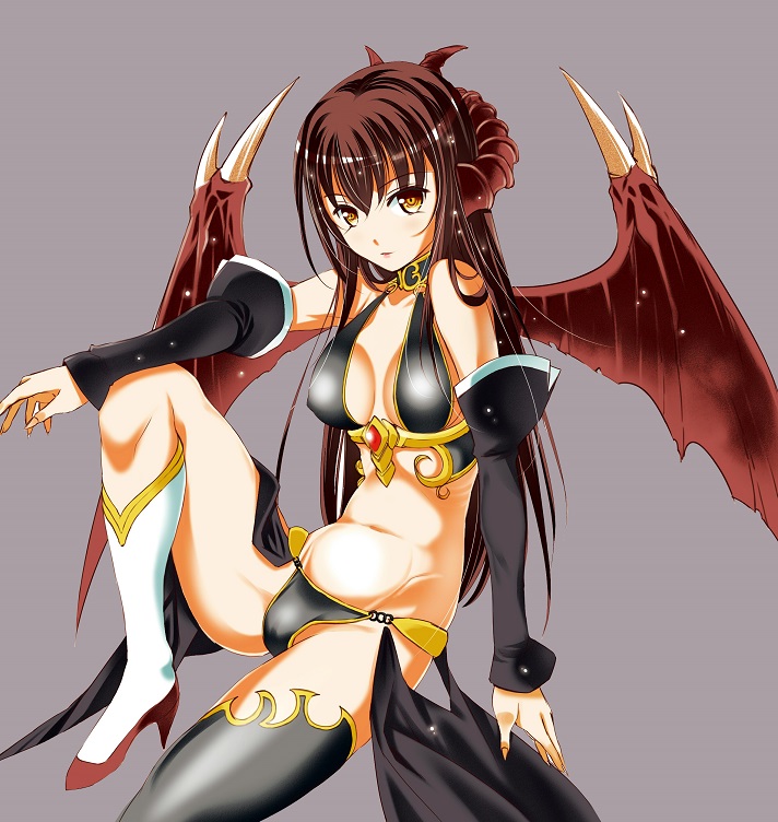 1girl, bare_shoulders, black_gloves, black_thighhighs, breasts, brown_hair, demon_girl, demon_horns