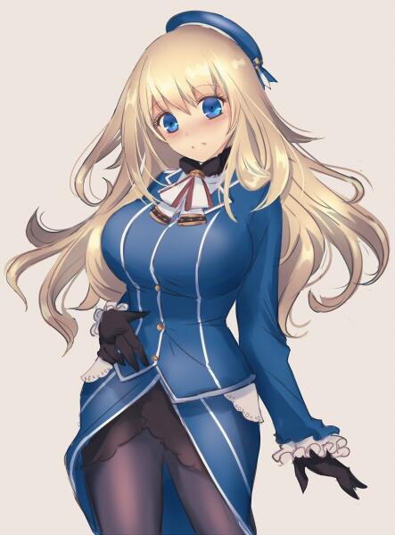 10s, 1girl, atago_(kancolle), beret, black_gloves, blonde_hair, blue_eyes, blush