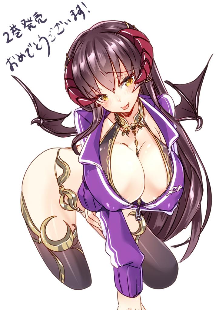 1girl, 218, :p, all_fours, blush, breasts, brown_hair, cleavage, covered_erect_nipples, demon_girl, demon_horns, demon_wings, detached_sleeves, female_focus, horns, large_breasts, leaning_forward, lirshana, long_hair, looking_at_viewer, maou_no_hajimekata, one_eye_closed, simple_background, smile, solo, tongue, tongue_out, white_background, wings, yellow_eyes