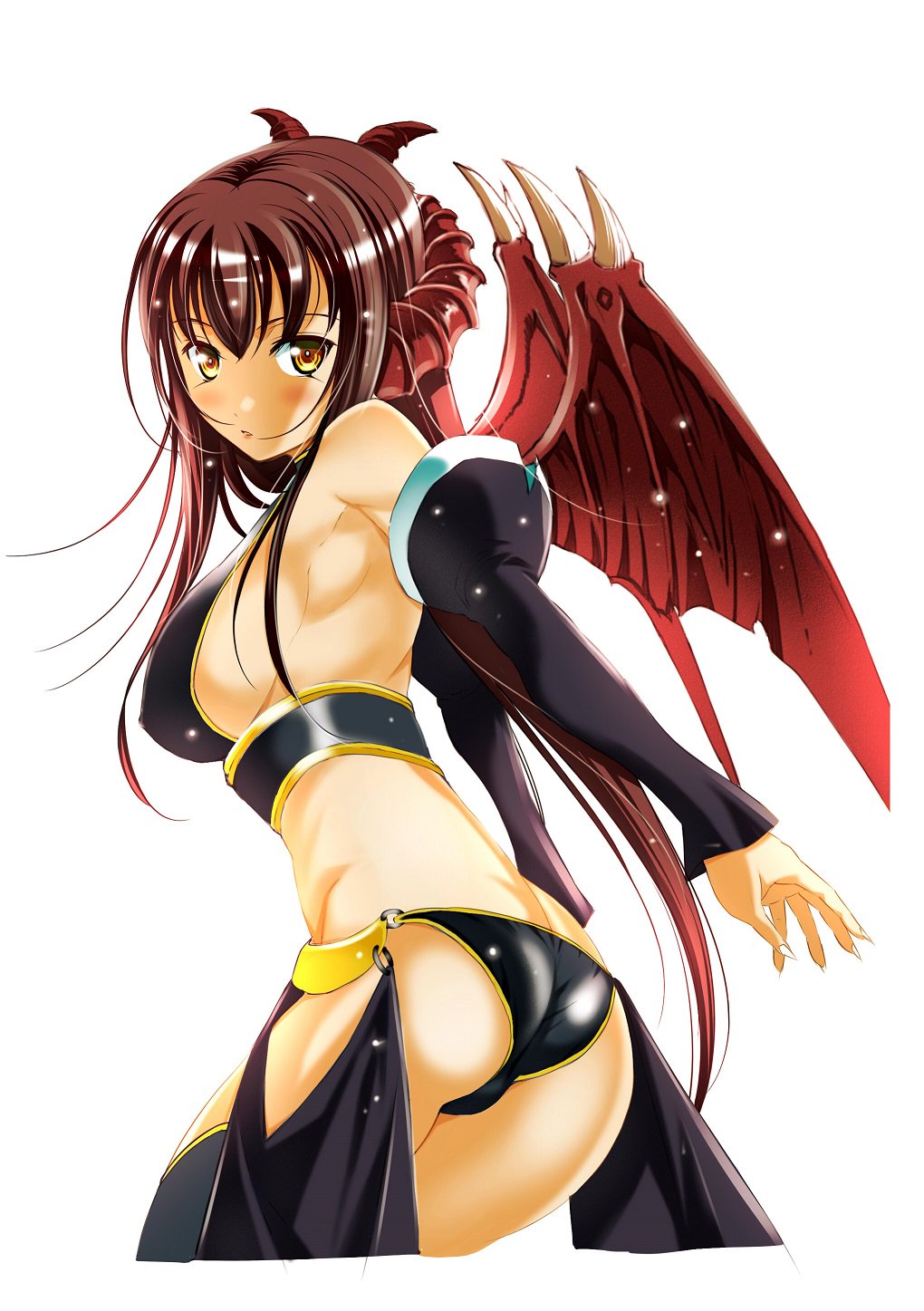 1girl, ass, bare_shoulders, black_gloves, black_thighhighs, breasts, brown_hair, demon_girl