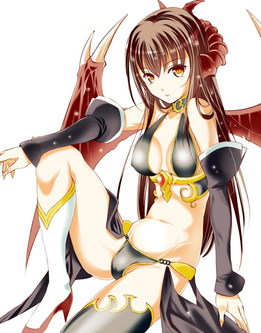 1girl, bare_shoulders, black_gloves, black_thighhighs, breasts, brown_hair, demon_girl, demon_horns