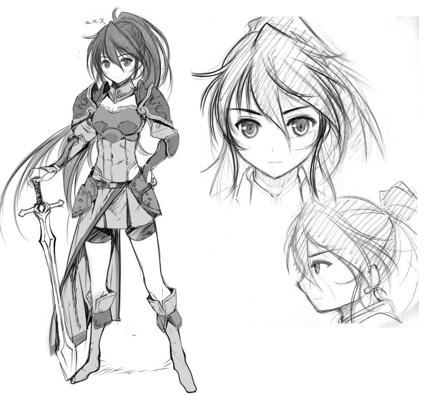 1girl, absurdres, armor, full_body, greyscale, highres, long_hair, maou_no_hajimekata