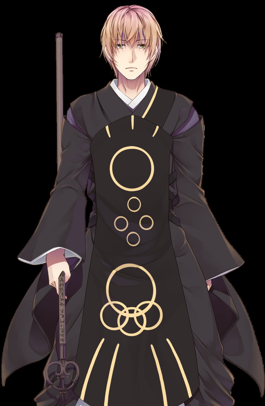 1boy, crote, expressionless, eyebrows, gradient_hair, highres, hijiri_myouren, holding, layered_clothes, light_brown_hair, lips, male_focus, multicolored_hair, purple_hair, robe, shakujou, short_hair, simple_background, solo, staff, straight-on, tachi-e, touhou, transparent_background, white_background, yellow_eyes