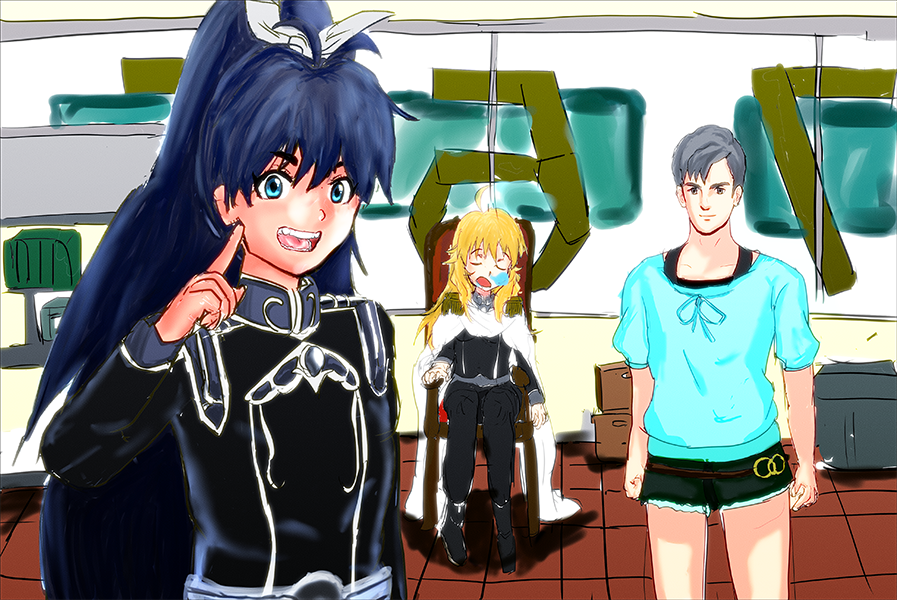 1boy, 2girls, blonde_hair, blue_eyes, blue_hair, cosplay, ganaha_hibiki, ganaha_hibiki_(cosplay)