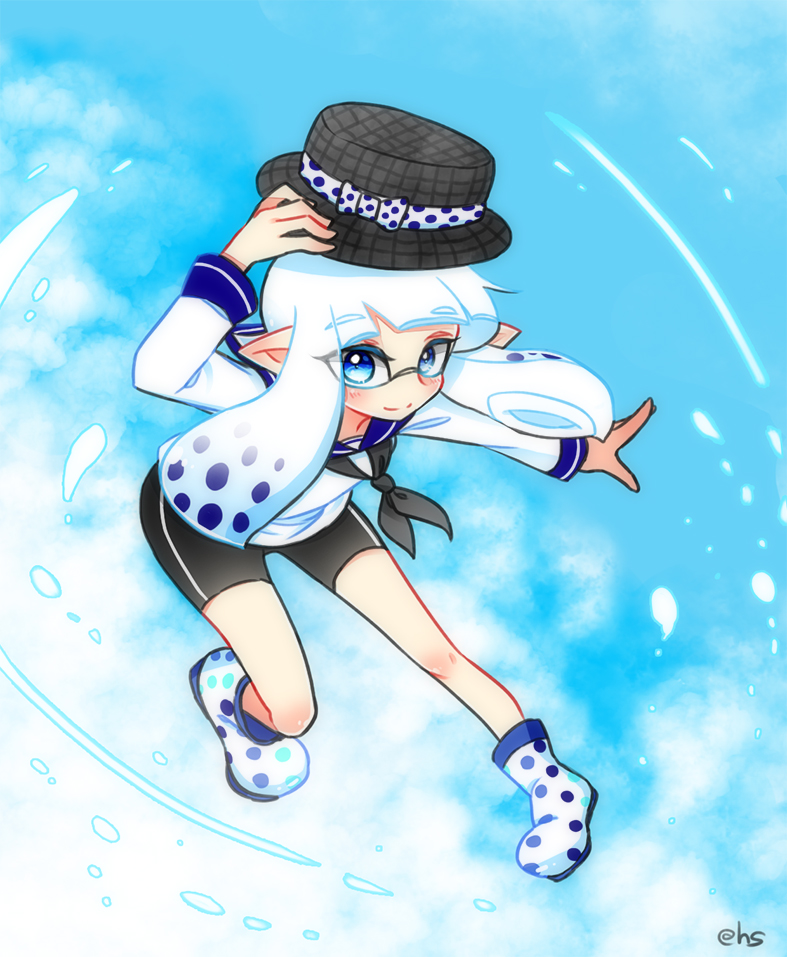 1girl, bad_id, bad_pixiv_id, bike_shorts, black_shorts, blouse, blue_eyes, blunt_bangs