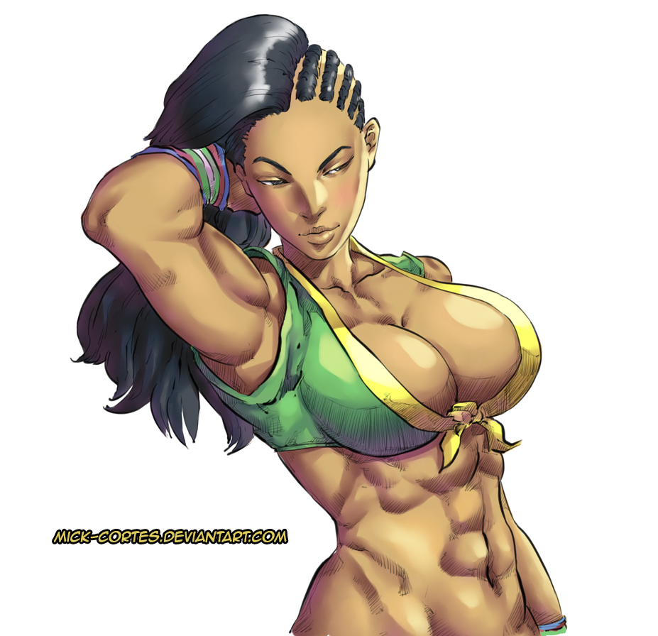 1girl, abs, arm_up, armpits, asymmetrical_hair, black_hair, bottomless, bracelet, breasts, capcom, cornrows, dark-skinned_female, dark_skin, female_focus, front-tie_top, hair_flip, jewelry, large_breasts, laura_matsuda, lips, long_hair, mick_cortes, muscular, muscular_female, out-of-frame_censoring, solo, street_fighter, street_fighter_v, upper_body, watermark, web_address, white_background