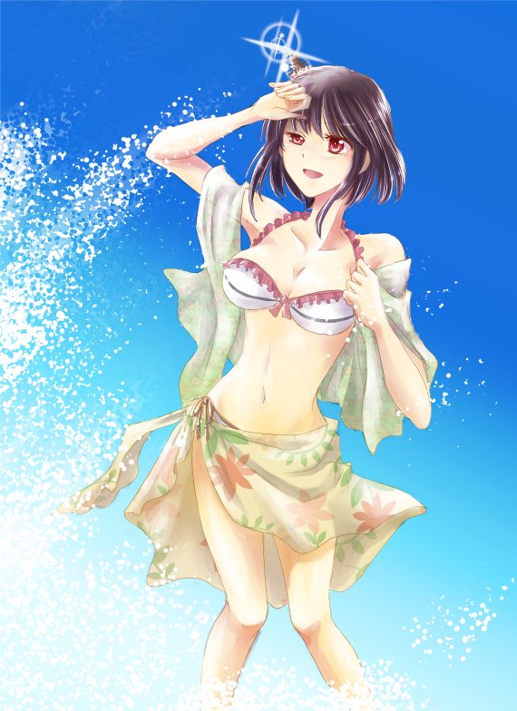 10s, 1girl, arm_up, bare_legs, bikini, bikini_top_only, black_hair, blue_sky