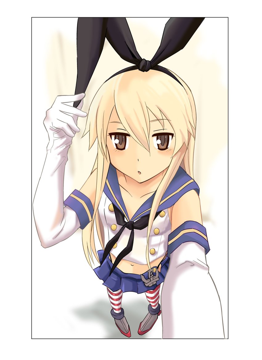 10s, 1girl, absurdres, anchor_hair_ornament, animal_ears, black_neckerchief, blonde_hair, boots, breasts, brown_eyes, chestnut_mouth, commentary_request, elbow_gloves, eyebrows, fake_animal_ears, female_focus, from_above, gloves, hair_between_eyes, hair_ornament, hand_on_headwear, highres, inoue_kousei, kantai_collection, long_hair, looking_at_viewer, midriff, navel, neckerchief, open_mouth, outstretched_arm, pleated_skirt, pov, rabbit_ears, reaching, reaching_towards_viewer, sailor_collar, sailor_shirt, selfie, shimakaze_(kancolle), shirt, sidelocks, sketch, skirt, sleeveless, sleeveless_shirt, small_breasts, solo, striped_clothes, striped_legwear, striped_thighhighs, thighhighs, white_background, white_gloves