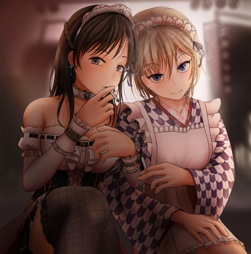 10s, 2girls, anastasia_(idolmaster), apron, bad_id, bad_pixiv_id, bare_shoulders, blue_eyes