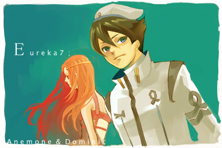 00s, 1boy, 1girl, anemone_(eureka_seven), beret, black_hair, blue_eyes, dominic_sorel