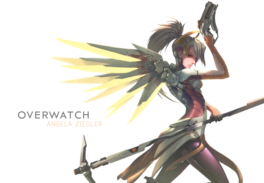 1girl, blonde_hair, bodysuit, breasts, character_name, copyright_name, cowboy_shot, dual_wielding, eep167389, female_focus, finger_on_trigger, from_side, green_eyes, gun, halo, handgun, high_ponytail, highres, holding, large_breasts, lips, looking_at_viewer, mechanical_halo, mechanical_wings, mercy_(overwatch), overwatch, overwatch_1, pantyhose, parted_lips, pistol, ponytail, simple_background, solo, weapon, white_background, wings, yellow_wings