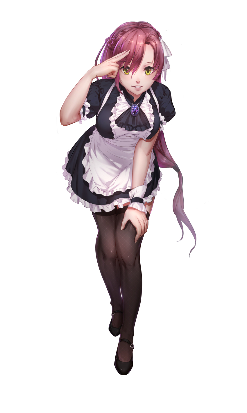 1girl, 476686911, absurdres, apron, arm_garter, ascot, black_dress, black_shoes, black_thighhighs, breasts, brooch, buttons, dress, eyebrows, female_focus, fingernails, frills, full_body, green_eyes, hair_between_eyes, hair_ribbon, highres, jewelry, large_breasts, leaning_forward, long_fingernails, long_hair, maid, mary_janes, original, puffy_short_sleeves, puffy_sleeves, purple_hair, ribbon, salute, sharp_fingernails, shoes, short_sleeves, shou_xian_wu, simple_background, solo, standing, thighhighs, two-finger_salute, underbust, very_long_hair, white_apron, white_background, wrist_cuffs