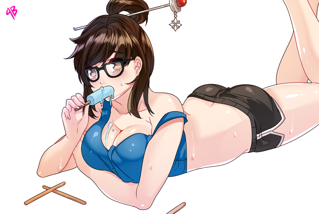 1girl, artist_name, ass, bad_id, bad_pixiv_id, bare_shoulders, barefoot, beads, black-framed_eyewear, black_shorts, blush, breasts, brown_eyes, brown_hair, butt_crack, cleavage, collarbone, crop_top, dripping, eating, eyebrows, female_focus, food, glasses, hair_bun, hair_ornament, hair_stick, holding, holding_food, ice_cream, karmaho, large_breasts, legs_up, looking_at_viewer, lying, mei_(overwatch), on_stomach, overwatch, overwatch_1, popsicle, short_hair, short_shorts, shorts, sidelocks, simple_background, single_hair_bun, snowflake_hair_ornament, solo, strap_slip, sweat, sweatdrop, swept_bangs, tank_top, white_background