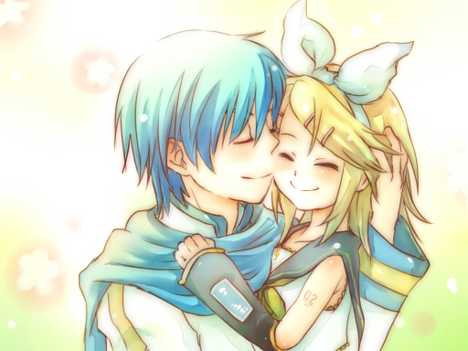 1boy, 1girl, bad_id, bad_pixiv_id, blonde_hair, blue_hair, blue_scarf, closed_eyes