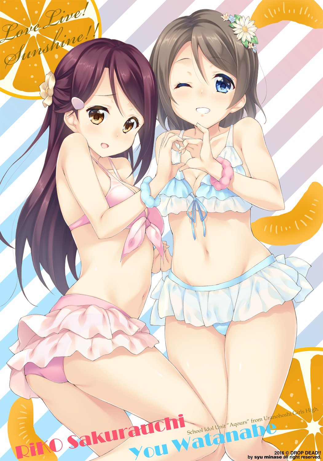 10s, 2girls, :d, artist_name, bare_shoulders, bikini, bikini_skirt, blue_bikini