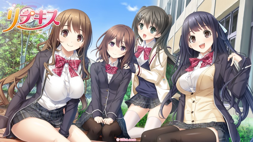 4girls, black_eyes, black_hair, blue_hair, bow, bowtie, breasts, brown_eyes
