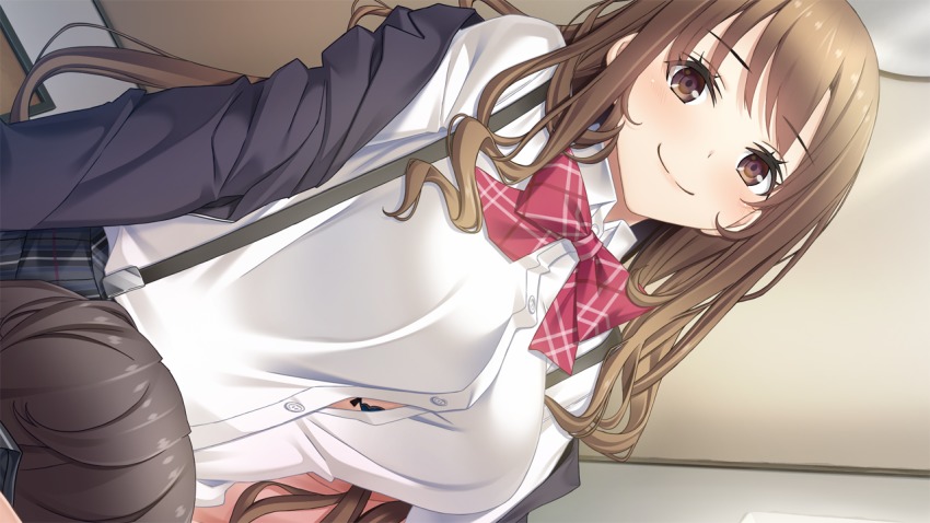 1girl, blush, bow, bowtie, breasts, brown_eyes, brown_hair, collared_shirt