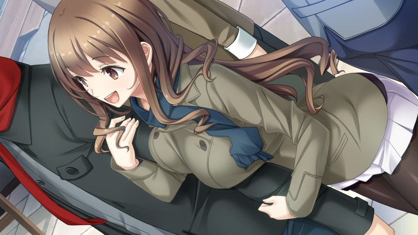 1girl, breast_press, breasts, brown_eyes, brown_hair, coat, dutch_angle, eyebrows