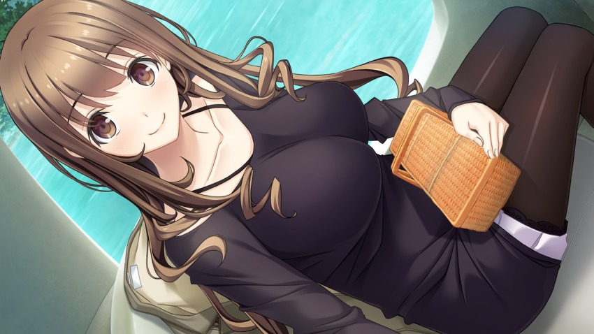 1girl, basket, breasts, brown_eyes, brown_hair, coat, collarbone, eyebrows, female_focus, game_cg, happy, hitsuji_takako, indoors, itsugaya_hayane, large_breasts, legs, lip_kiss, long_hair, long_sleeves, looking_at_viewer, mikoto_akemi, original, pantyhose, pov, river, sitting, skirt, smile, solo, thighs, unasaka_ryou, water