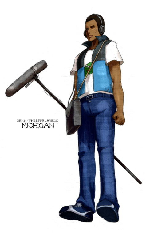 1boy, black_hair, boom_mic, character_name, copyright_name, dark_skin, grasshopper_manufacture, headphones, jean-phillippe_brisco, male_focus, michigan:_report_from_hell, oso_(toolate), solo