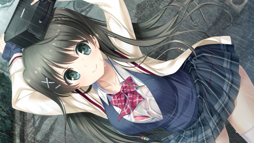 1girl, bag, black_hair, bow, bowtie, breasts, collared_shirt, female_focus