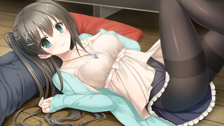 1girl, black_hair, breasts, futaba_saki, game_cg, green_eyes, hitsuji_takako, indoors, large_breasts, legs, lip_kiss, long_hair, long_sleeves, looking_at_viewer, lying, mikoto_akemi, on_back, original, pantyhose, pillow, skirt, smile, thighs, unasaka_ryou, wooden_floor