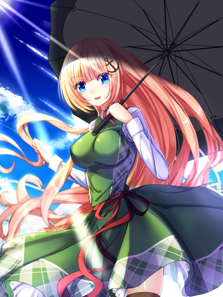 1girl, anchor_hair_ornament, barfleur_(warship_girls_r), blue_eyes, breasts, brown_thighhighs, day, dress