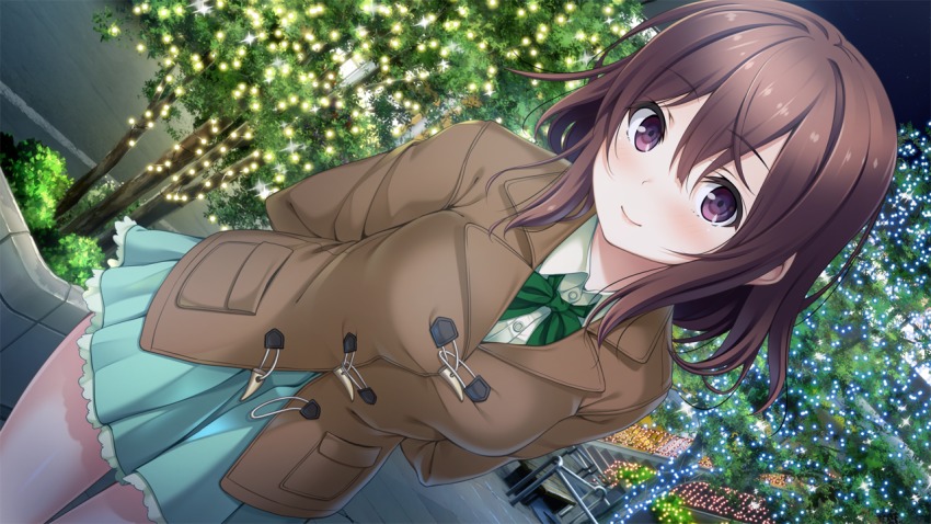 1girl, blush, breasts, brown_hair, coat, eyebrows, female_focus, futaba_yuiri, game_cg, hitsuji_takako, legs, lip_kiss, long_sleeves, looking_at_viewer, mikoto_akemi, night, original, purple_eyes, short_hair, skirt, sky, small_breasts, smile, solo, standing, thighs, tree, unasaka_ryou