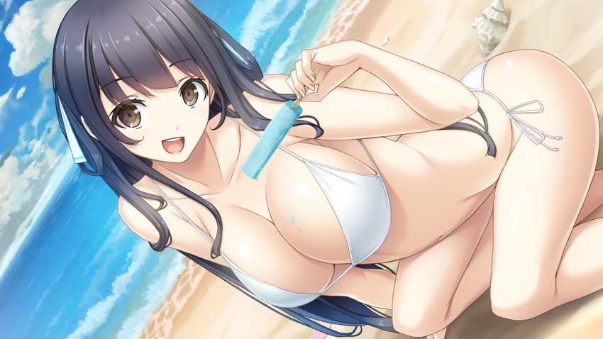 1girl, bare_arms, bare_legs, bare_shoulders, beach, bikini, black_eyes, blue_hair, breasts, cleavage, cloud, collarbone, female_focus, food, game_cg, hitsuji_takako, holding, ice_cream, itsugaya_kanade, large_breasts, legs, lip_kiss, long_hair, looking_at_viewer, mikoto_akemi, navel, ocean, open_mouth, original, outdoors, popsicle, sand, sea_shell, side-tie_bikini_bottom, sitting, sky, smile, solo, swimsuit, thighs, unasaka_ryou, water, white_bikini