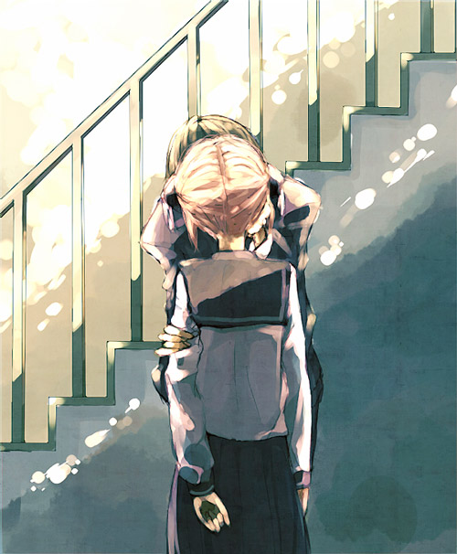 1boy, 1girl, arm_behind_back, double_bun, from_behind, gintama, hair_bun, hetero