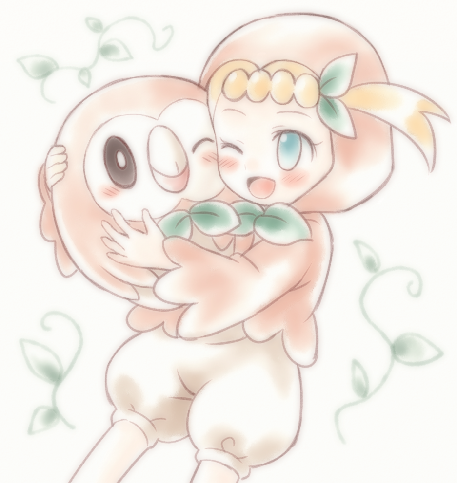 1girl, ;d, animal, animal_costume, animal_hood, blonde_hair, bloomers, blue_eyes, blush, bonnie_(pokemon), child, cosplay, eye_contact, gen_7_pokemon, hair_ornament, holding, holding_animal, hood, hug, looking_at_another, nintendo, one_eye_closed, open_mouth, pokemon, porocha, rowlet, rowlet_(cosplay), smile, underwear, white_bloomers, wink