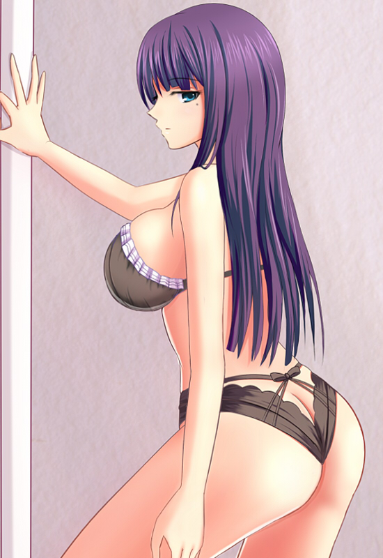 1girl, ass, black_bra, black_panties, blue_eyes, blunt_bangs, bra, breasts