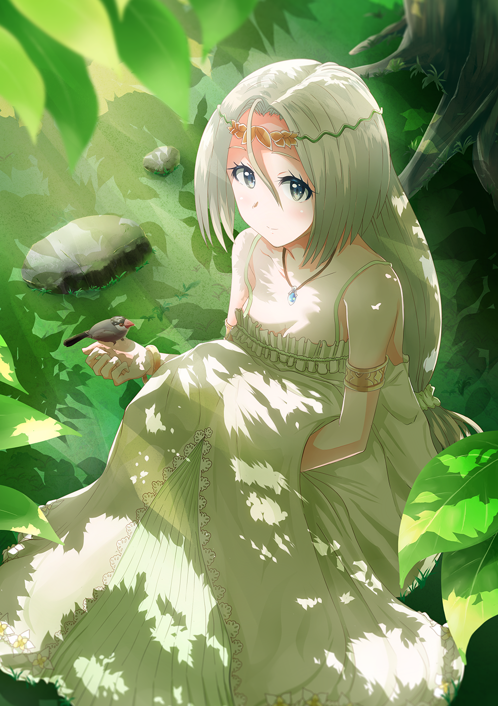 1girl, bare_shoulders, bird, bird_on_hand, blonde_hair, blush, breasts, cleavage