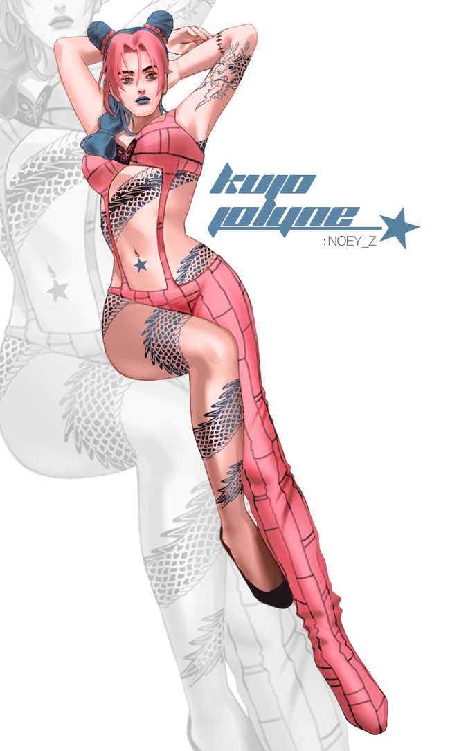 1girl, adapted_costume, arms_behind_head, artist_name, asymmetrical_clothes, asymmetrical_footwear, blue_eyes, blue_hair