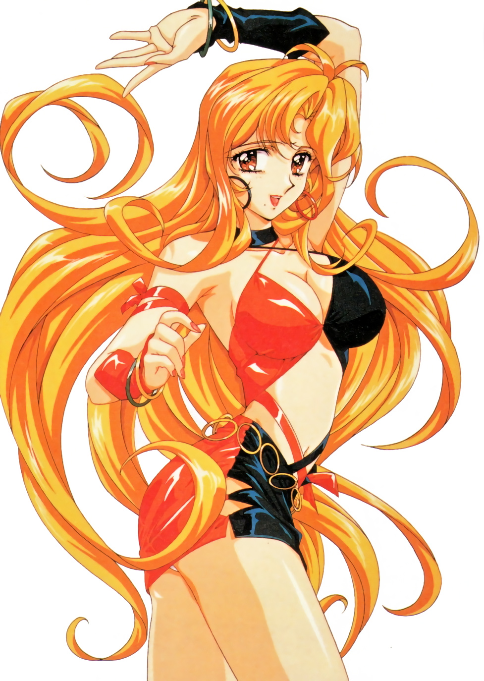 1990s_(style), 1girl, arm_ribbon, artist_request, asakura_reina, blonde_hair, bracelet, cowboy_shot