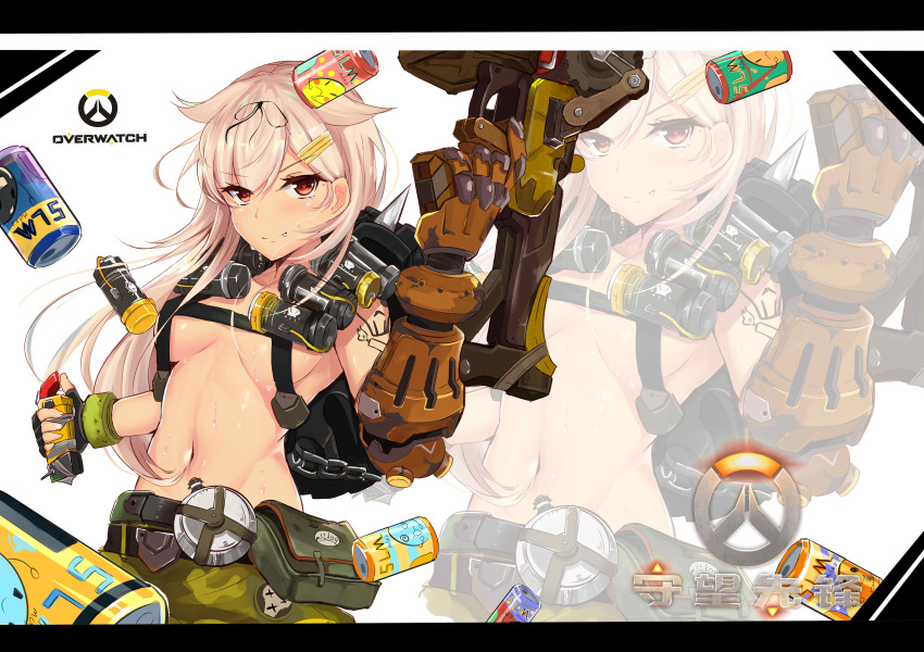 1girl, absurdres, alternate_costume, arm_tattoo, backpack, bag, belt, belt_pouch