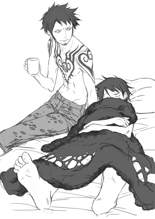 2boys, black_hair, earrings, facial_hair, hat, jewelry, male_focus, monkey_d._luffy