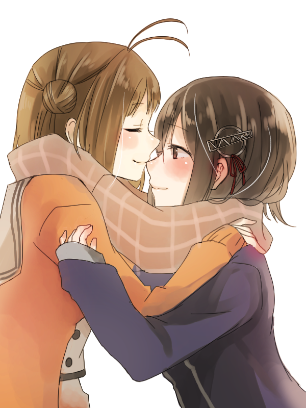 10s, 2girls, antenna_hair, black_hair, blush, brown_eyes, brown_hair, double_bun