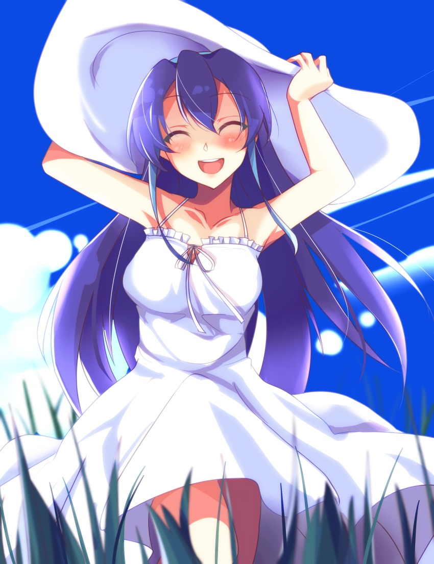 1girl, :d, ^_^, absurdres, blue_hair, breasts, closed_eyes, collarbone, dress, female_focus, hands_on_headwear, happy, hat, highres, long_hair, multicolored_hair, open_mouth, serena_(yu-gi-oh!), smile, solo, sundress, two-tone_hair, very_long_hair, yaharinaneanisu, yu-gi-oh!, yu-gi-oh!_arc-v