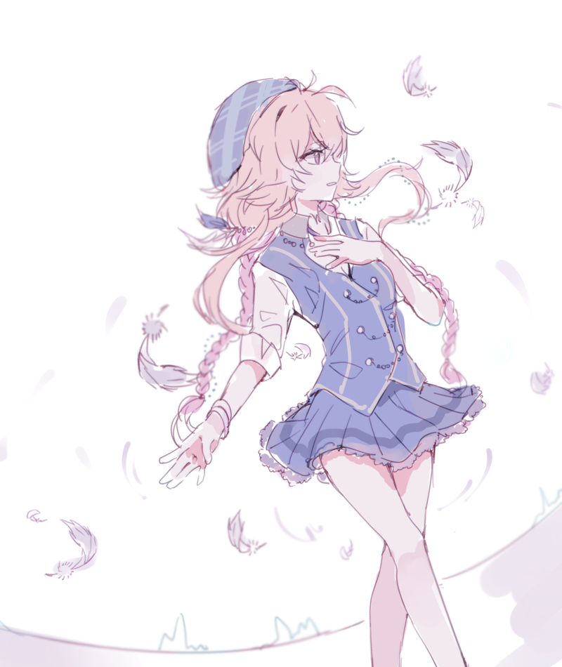 10s, 1girl, blue_skirt, braid, feathers, female_focus, hat, idolmaster