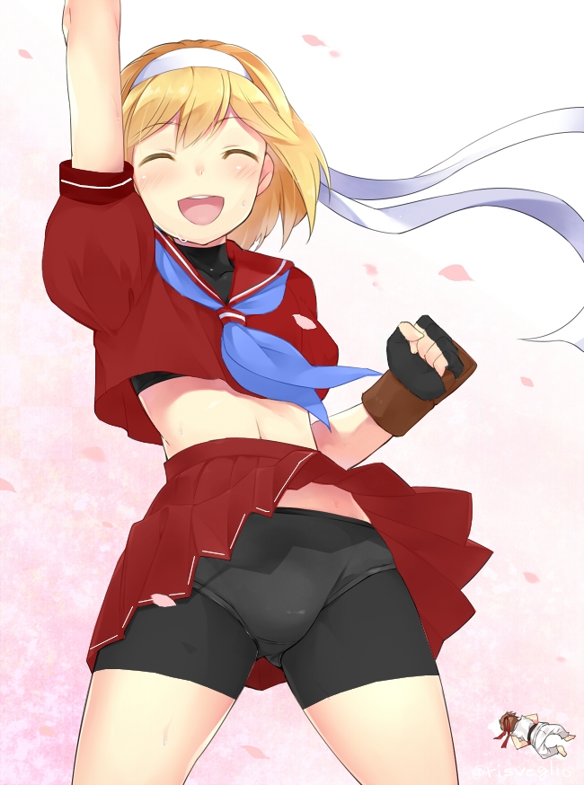 1boy, 1girl, :d, ^_^, arm_up, blonde_hair, blue_skirt, blush, buruma, clenched_hand, closed_eyes, cosplay, crop_top, djeeta_(granblue_fantasy), gran_(granblue_fantasy), granblue_fantasy, hairband, kanzuki_karin, kanzuki_karin_(cosplay), midriff, miniskirt, navel, open_mouth, panties, ryu_(street_fighter), ryu_(street_fighter)_(cosplay), school_uniform, serafuku, short_hair, skirt, smile, street_fighter, torimaru, underwear