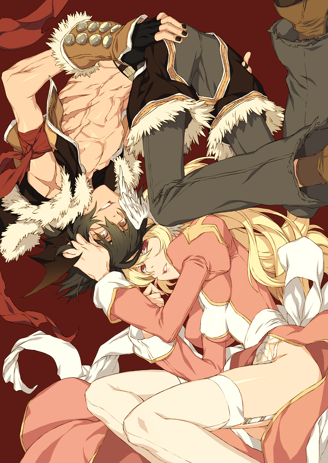 1boy, 1girl, bad_id, bad_pixiv_id, black_hair, blonde_hair, couple, dress