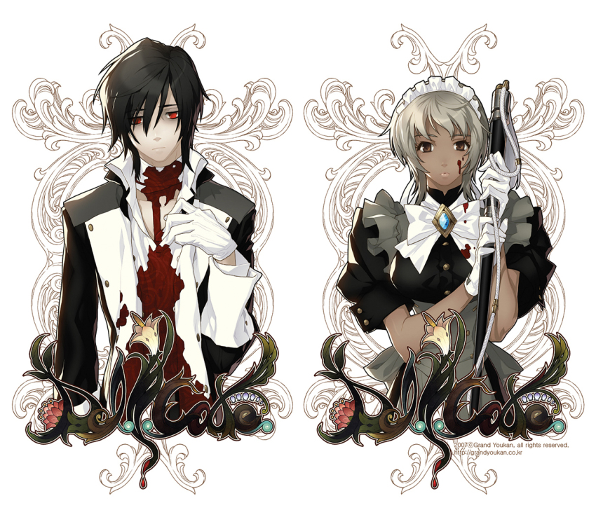 1boy, 1girl, apron, bad_id, bad_pixiv_id, black_hair, blood, brown_eyes